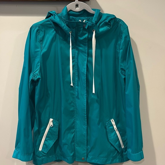 T by Talbots Teal Nylon Hooded Lightweight Packable Windbreaker Size Large - Picture 1 of 11